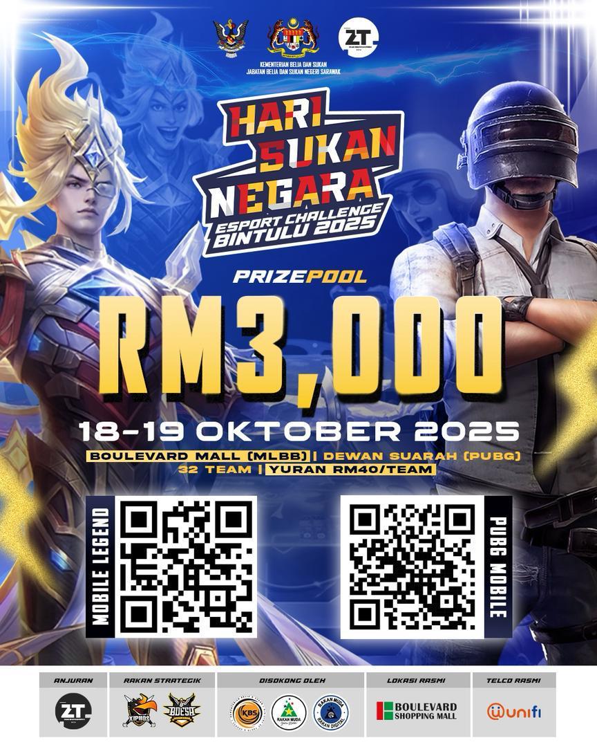 Hari Sukan Negara Esport Challenge Bintulu 2025 event poster